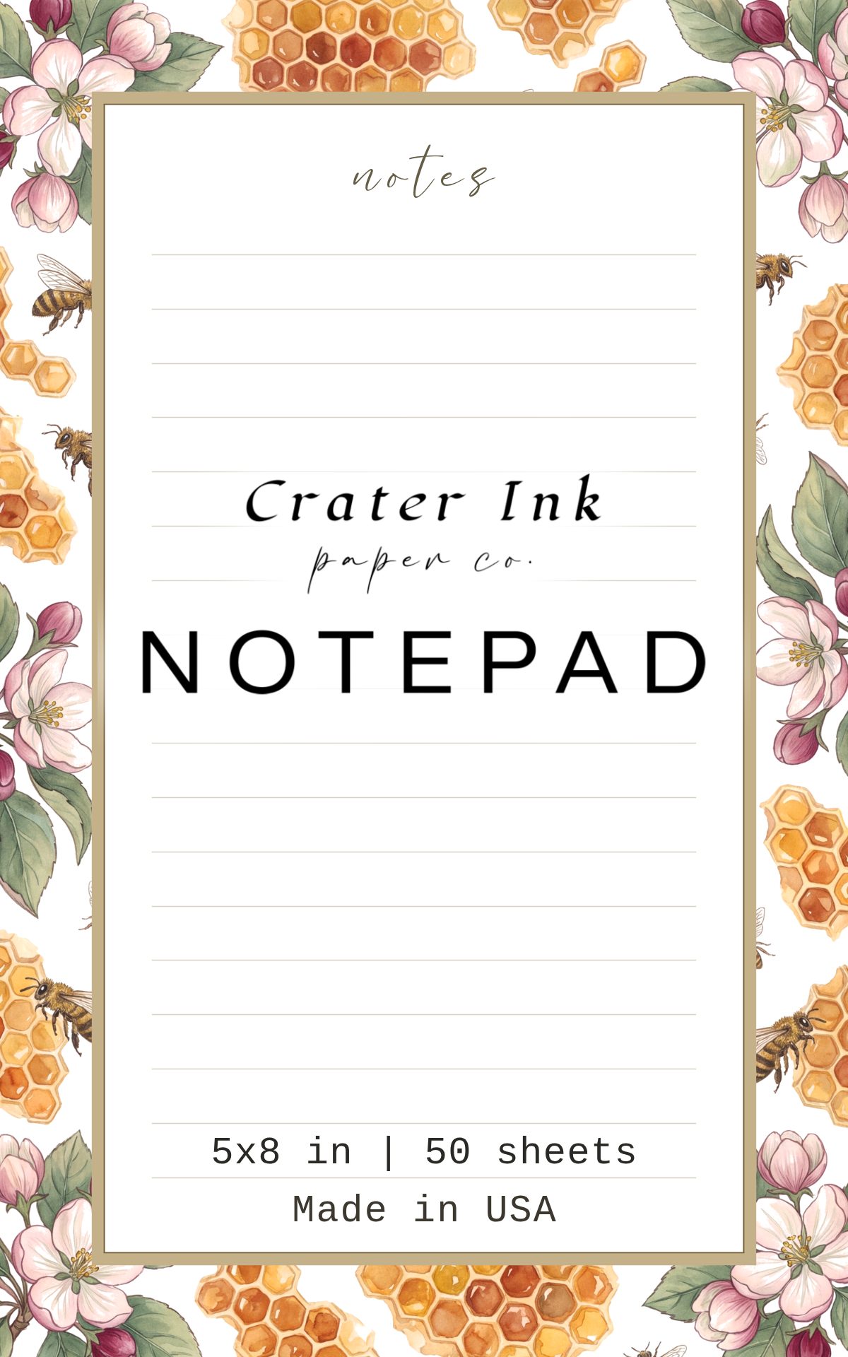 Honeybee Notepad — Honeycomb & Blossom Watercolor