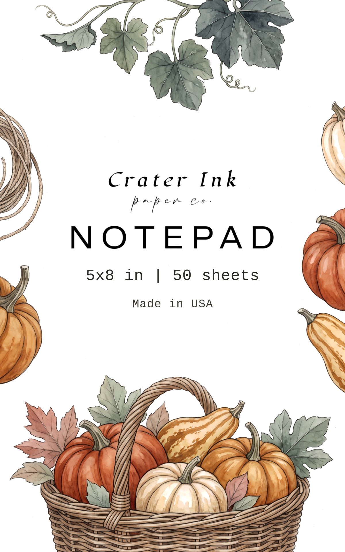 Harvest Basket Notepad — Autumn Pumpkin Watercolor