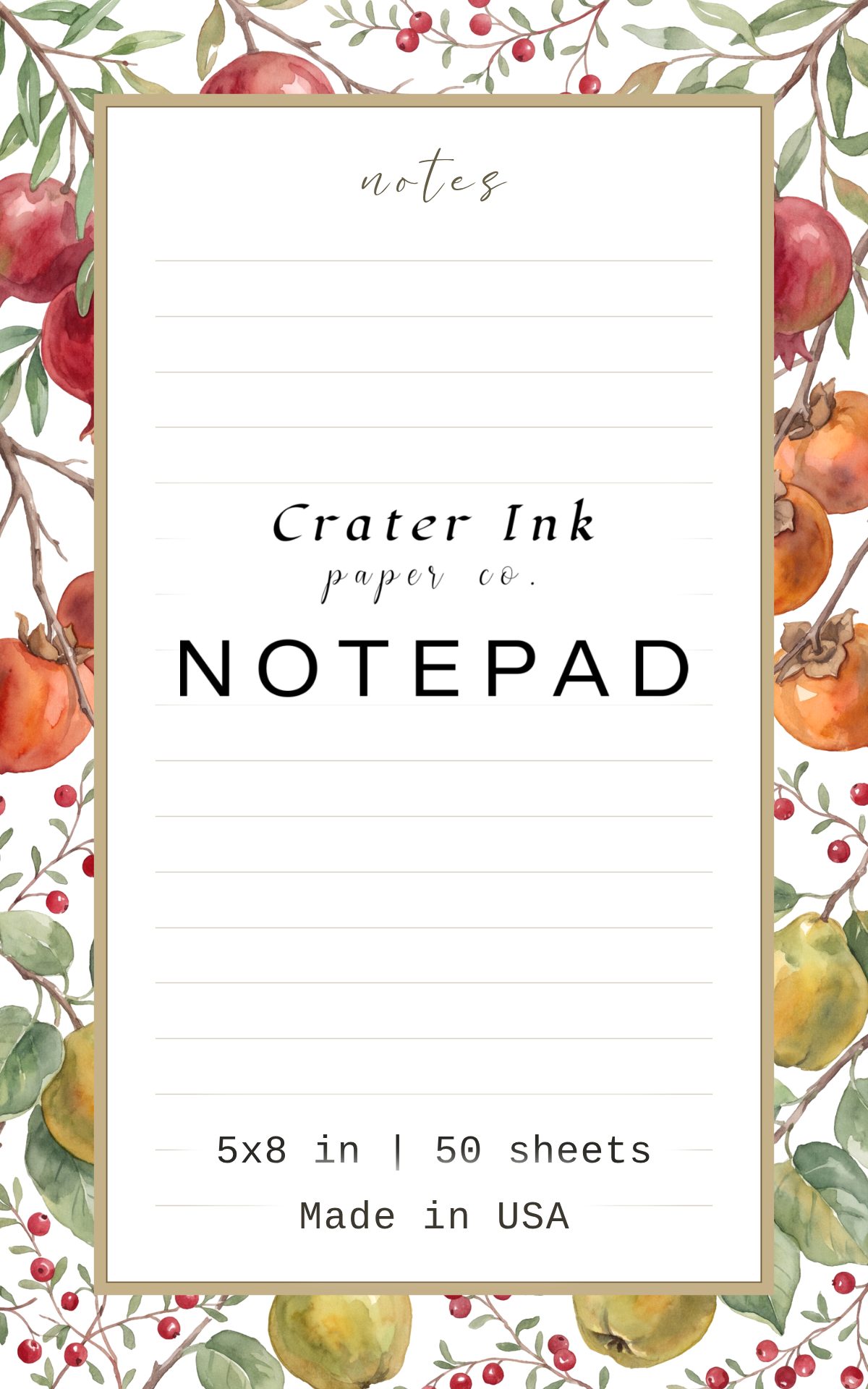 Winter Fruit Notepad — Watercolor Pomegranate and Persimmon Border