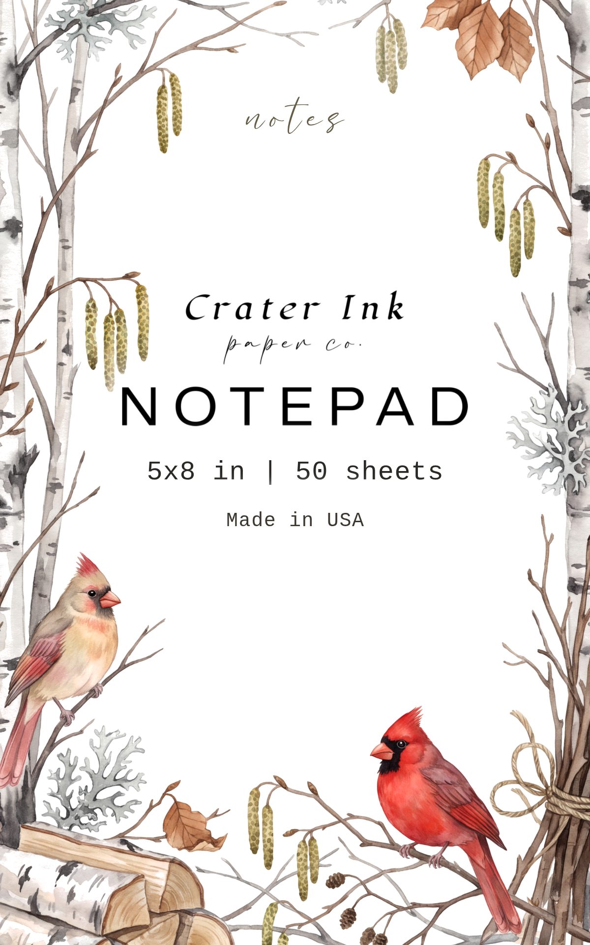 Cardinal Notepad — Watercolor Winter Birch Border