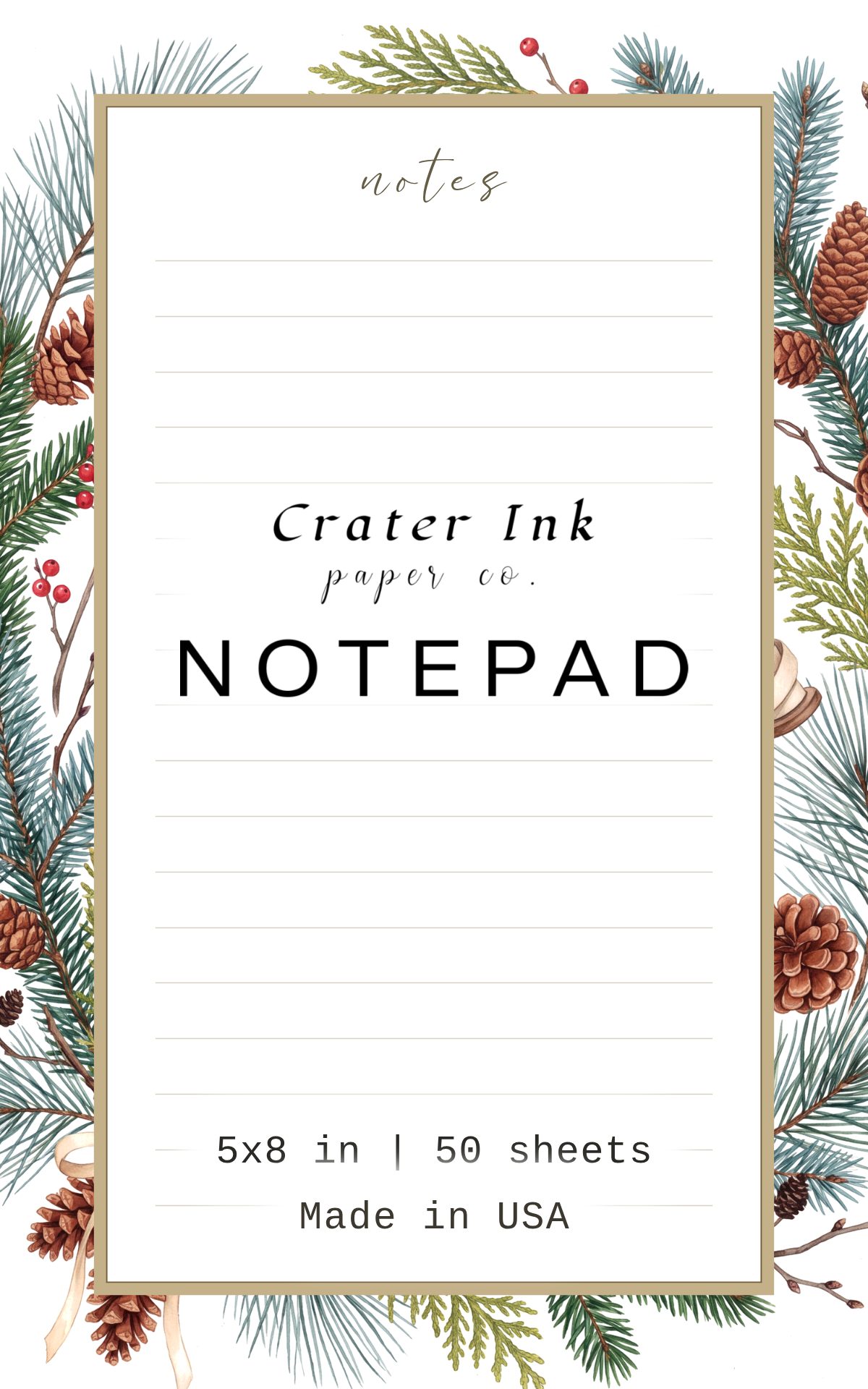 Winter Greenery Notepad — Watercolor Pine Garland Border