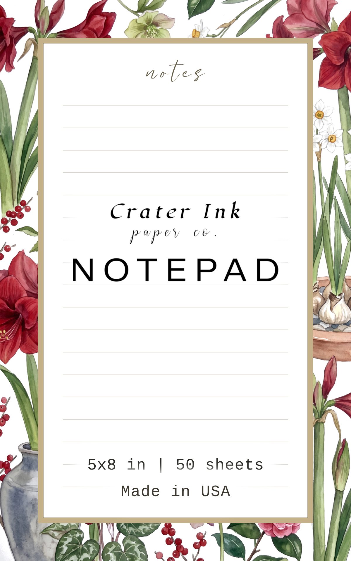Amaryllis Notepad — Watercolor Winter Flower Border