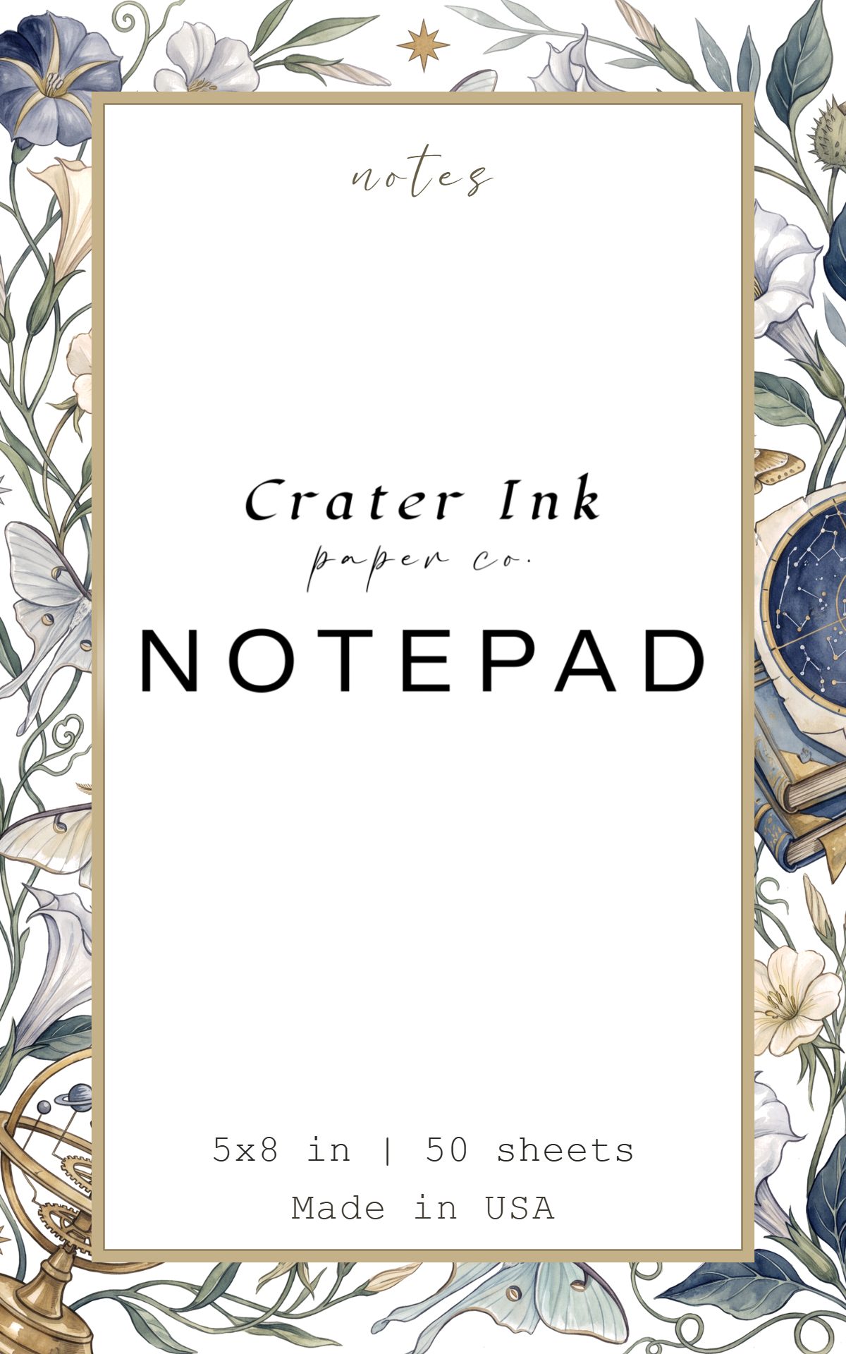Celestial Notepad — Watercolor Moon and Moth Border
