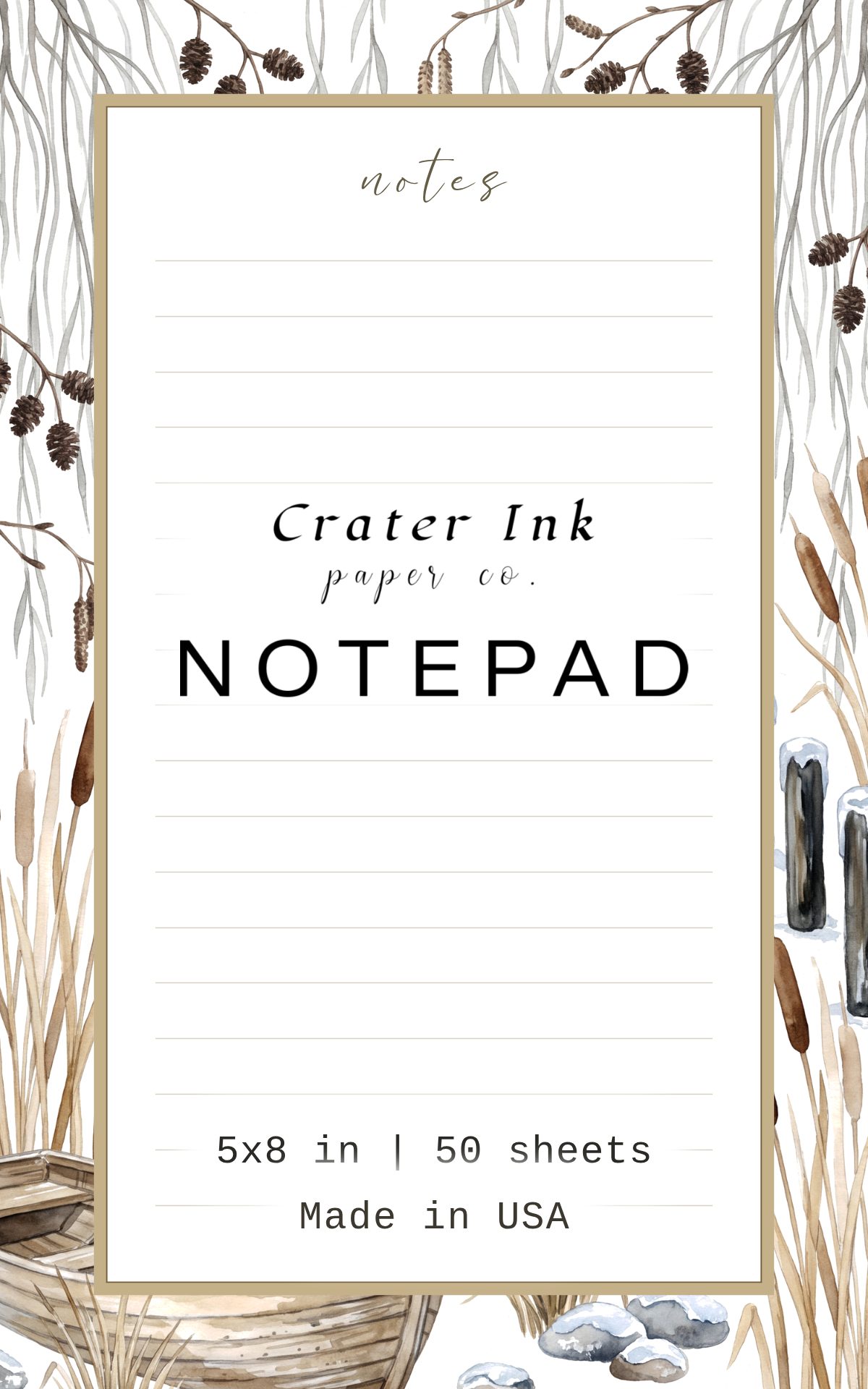 Winter Lake Notepad — Watercolor Willow and Reed Border