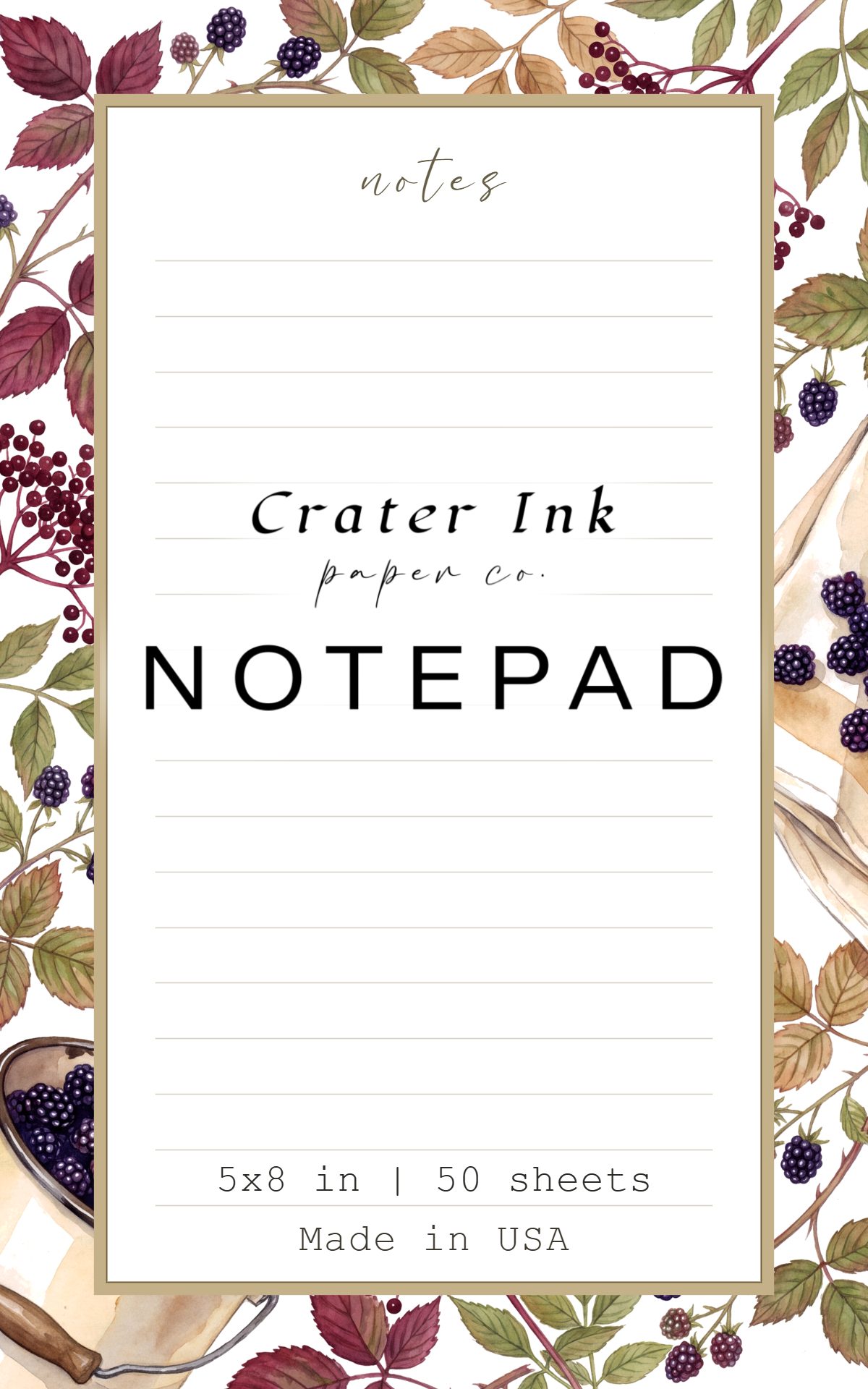 Bramble Notepad — Watercolor Hedgerow Berry Border