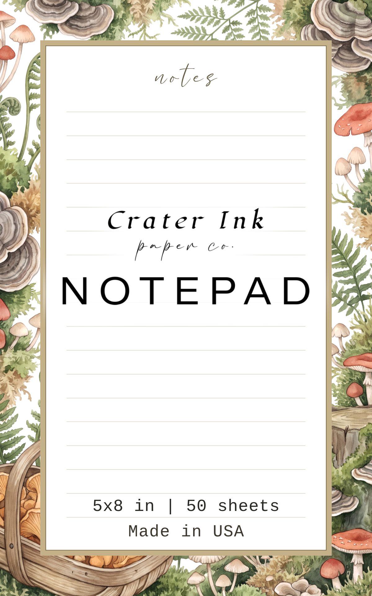 Forest Floor Notepad — Watercolor Moss, Fern and Mushroom Border