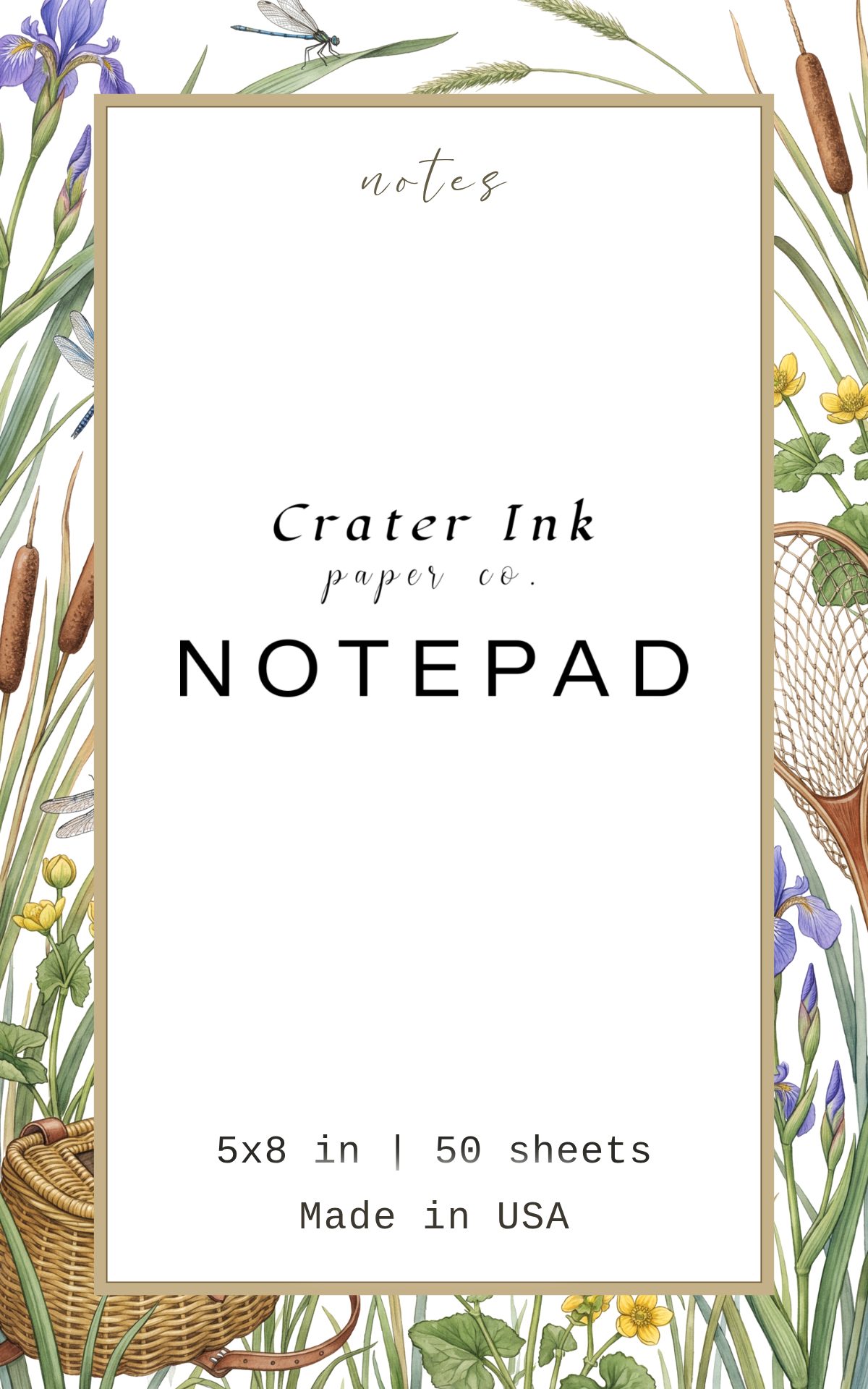 River Iris Notepad — Watercolor Reed and Dragonfly Border