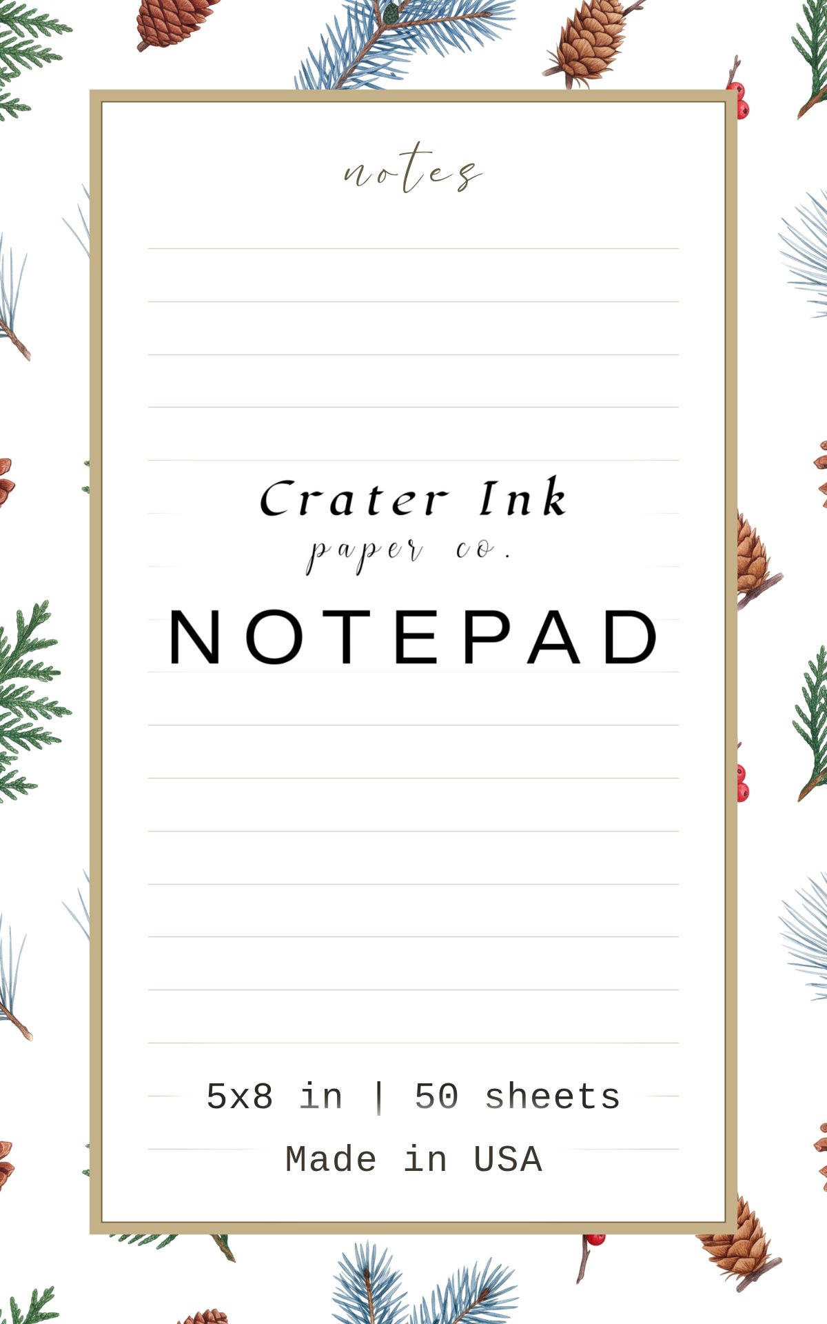 Evergreen Notepad — Ditsy Watercolor Pine and Pinecone Print