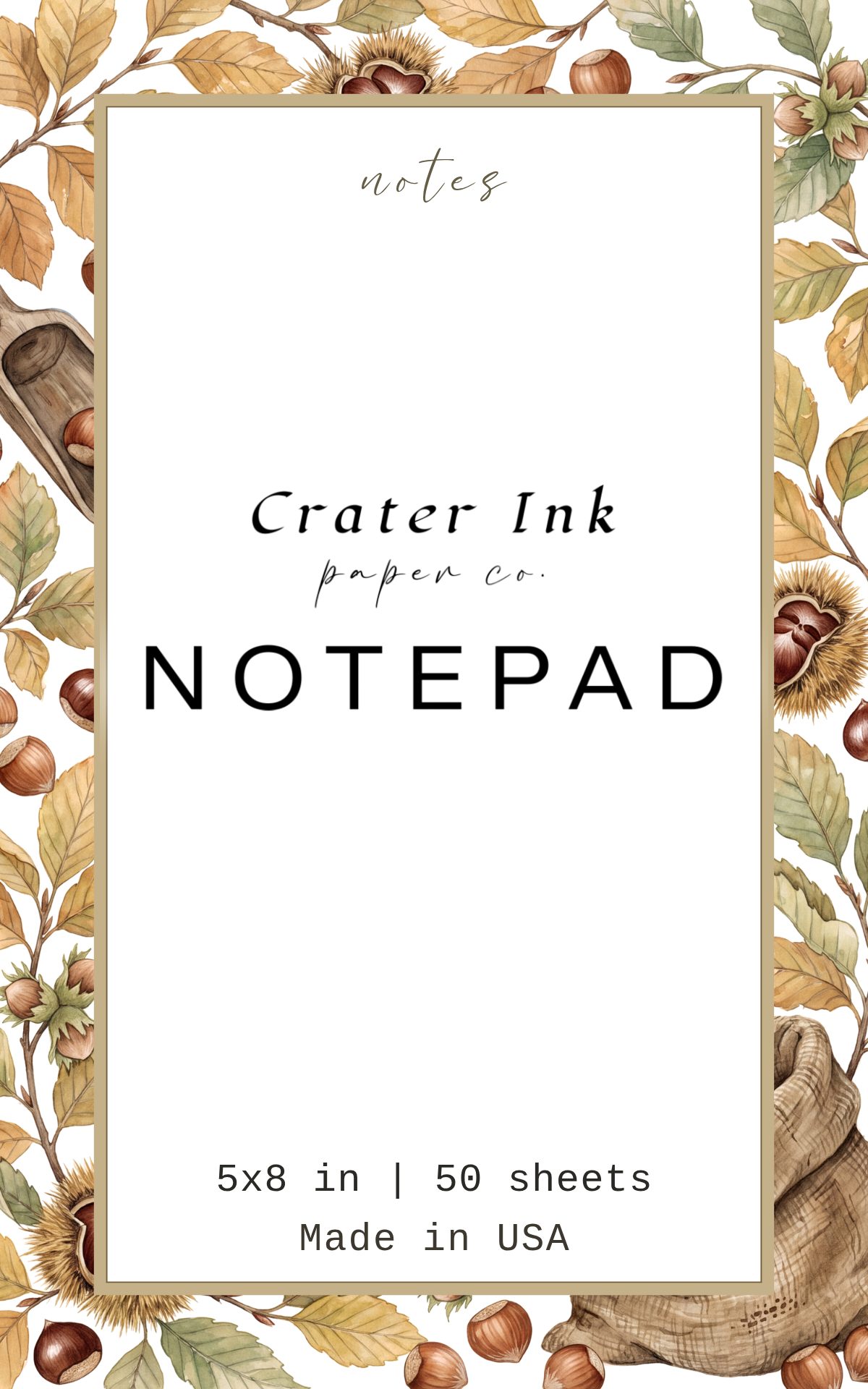 Nut Harvest Notepad — Watercolor Woodland Border