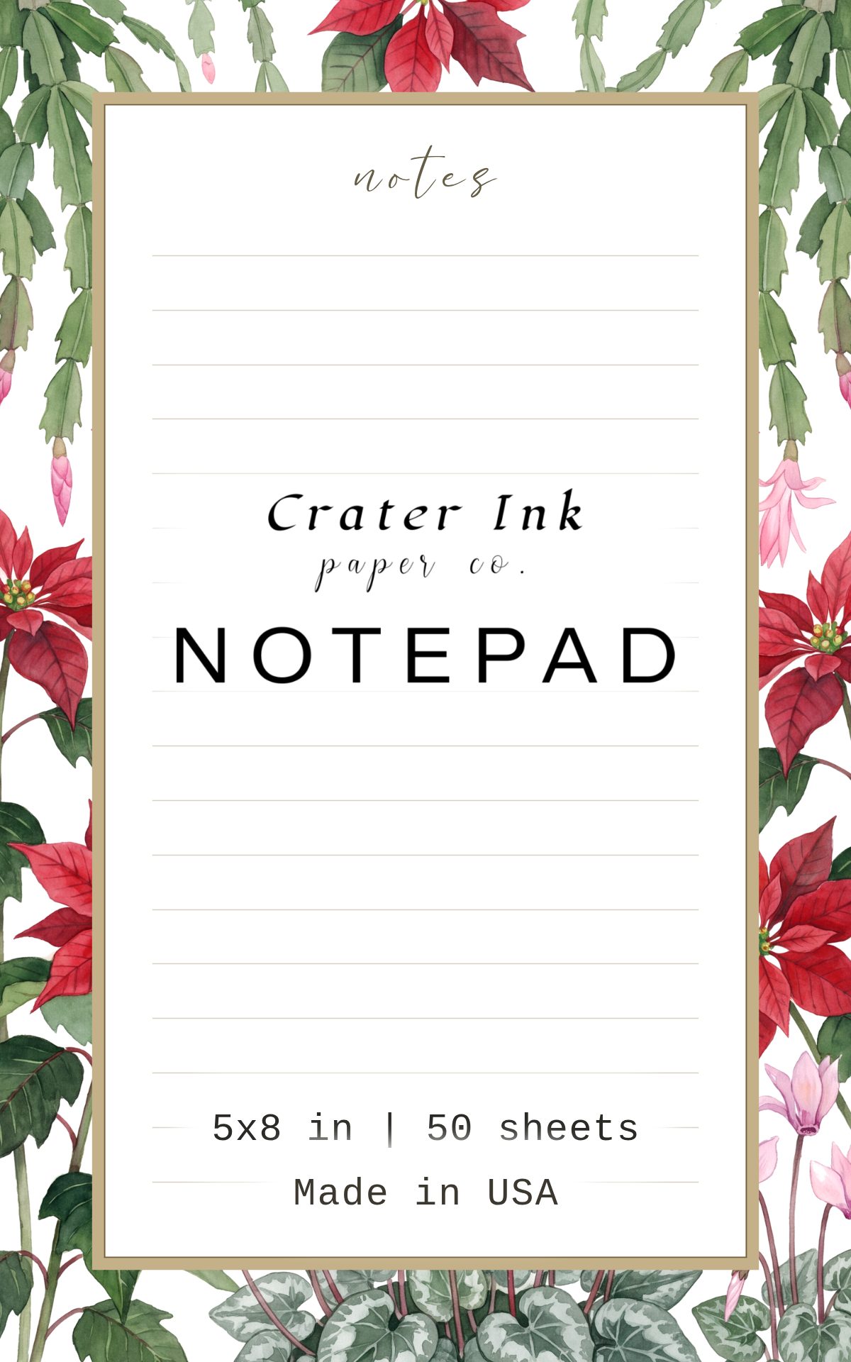 Christmas Cactus Notepad — Watercolor Poinsettia Border