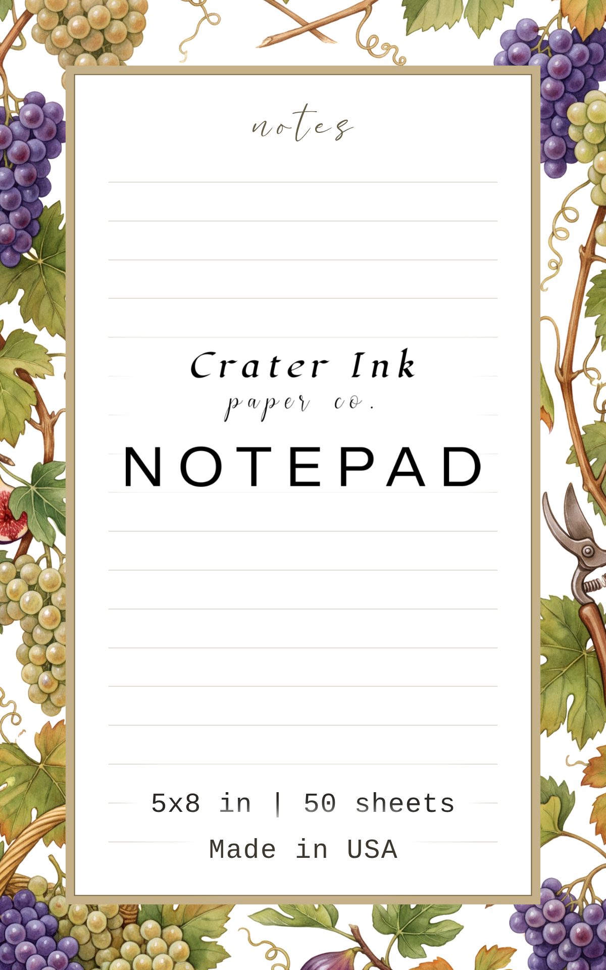 Vineyard Notepad — Watercolor Grape Vine and Fig Border