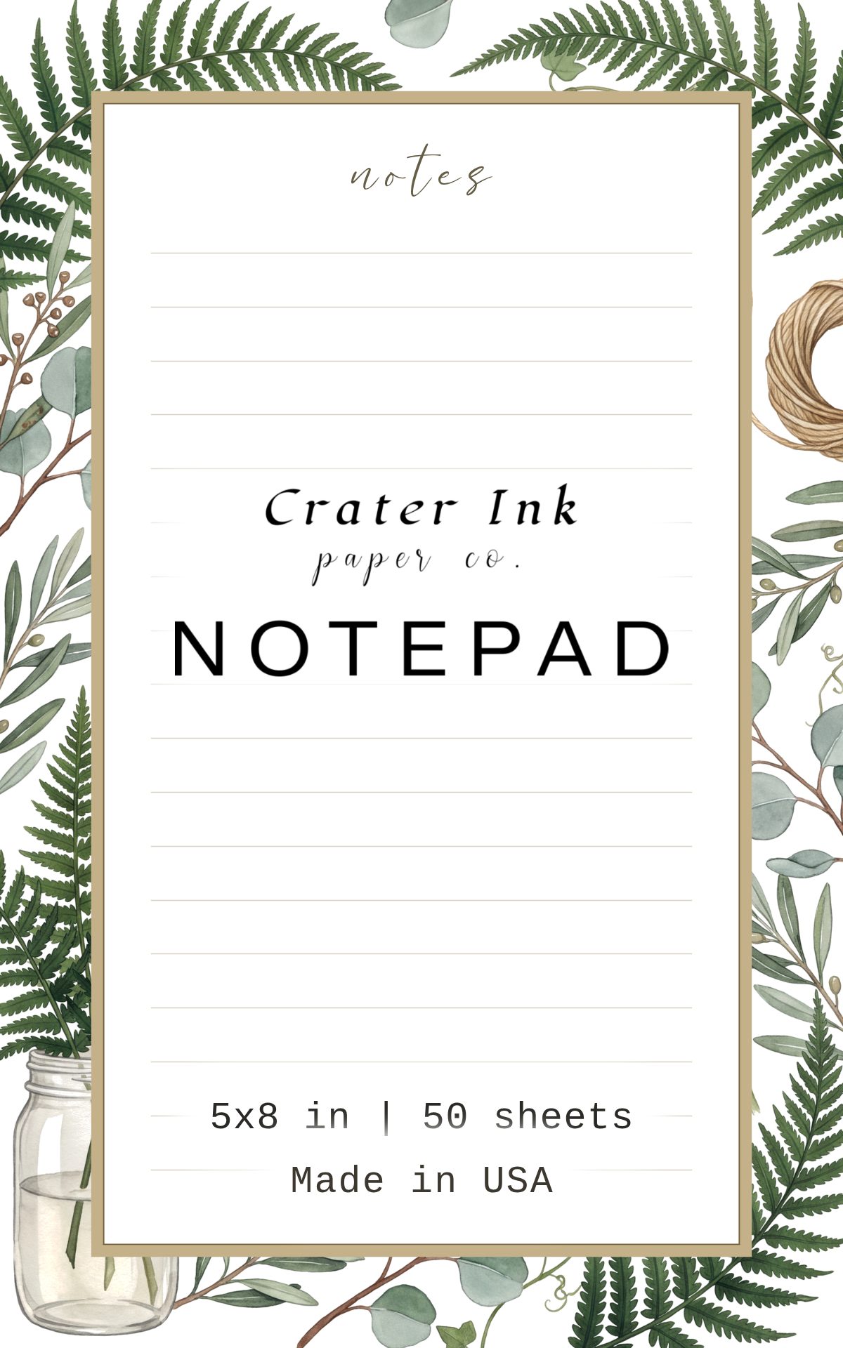 Greenery Notepad — Watercolor Fern and Eucalyptus Border