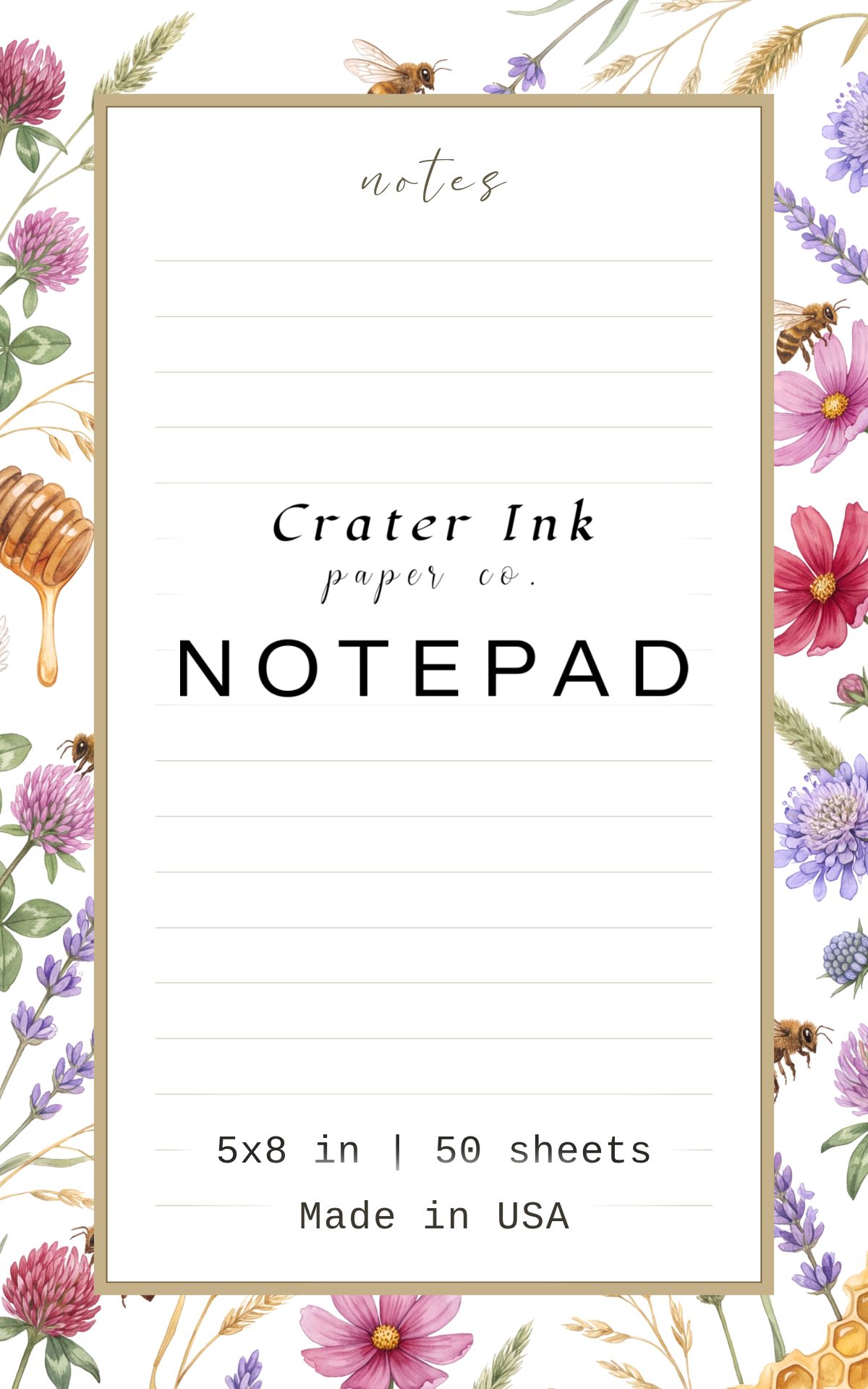 Bee Notepad — Watercolor Clover and Lavender Border