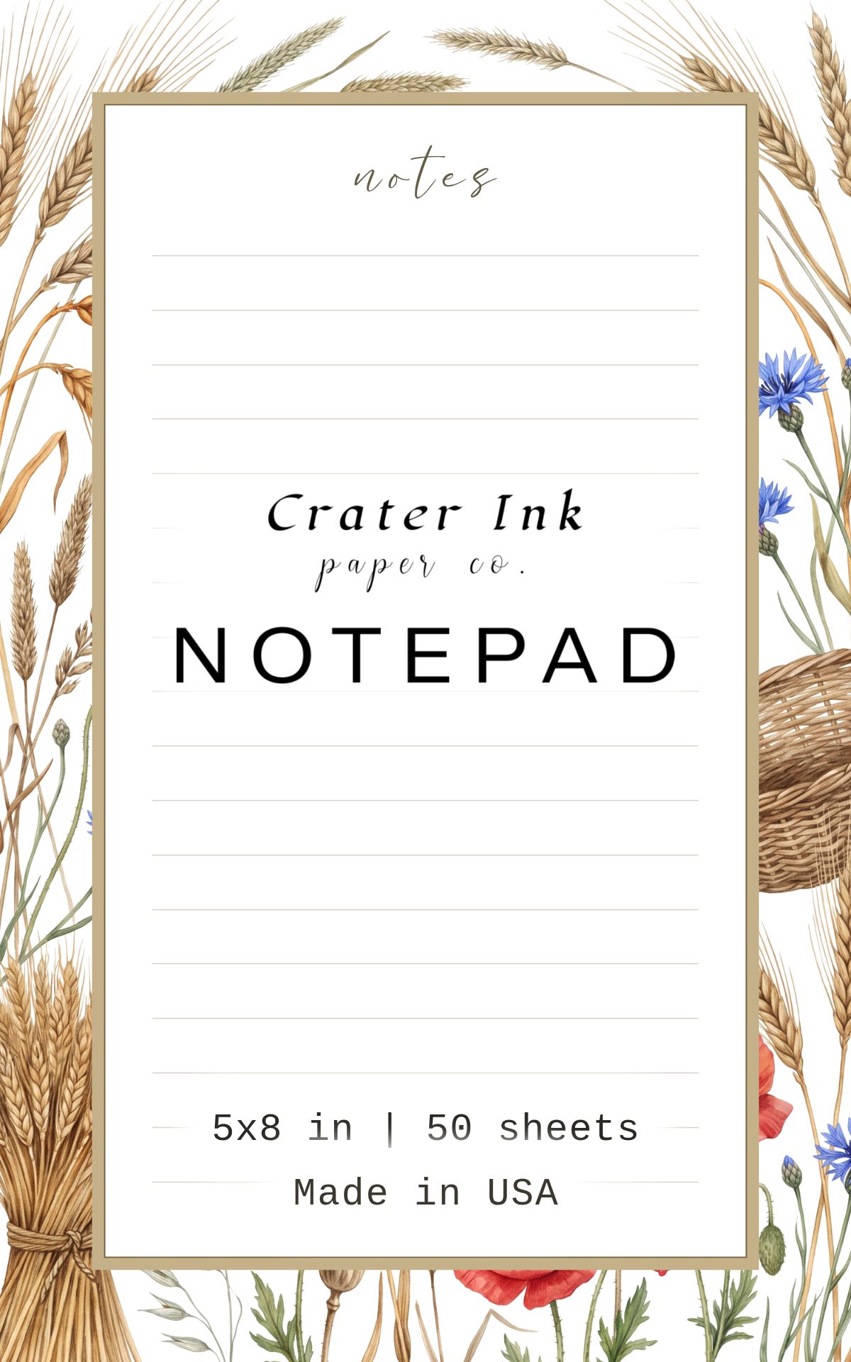 Harvest Field Notepad — Watercolor Wheat and Poppy Border