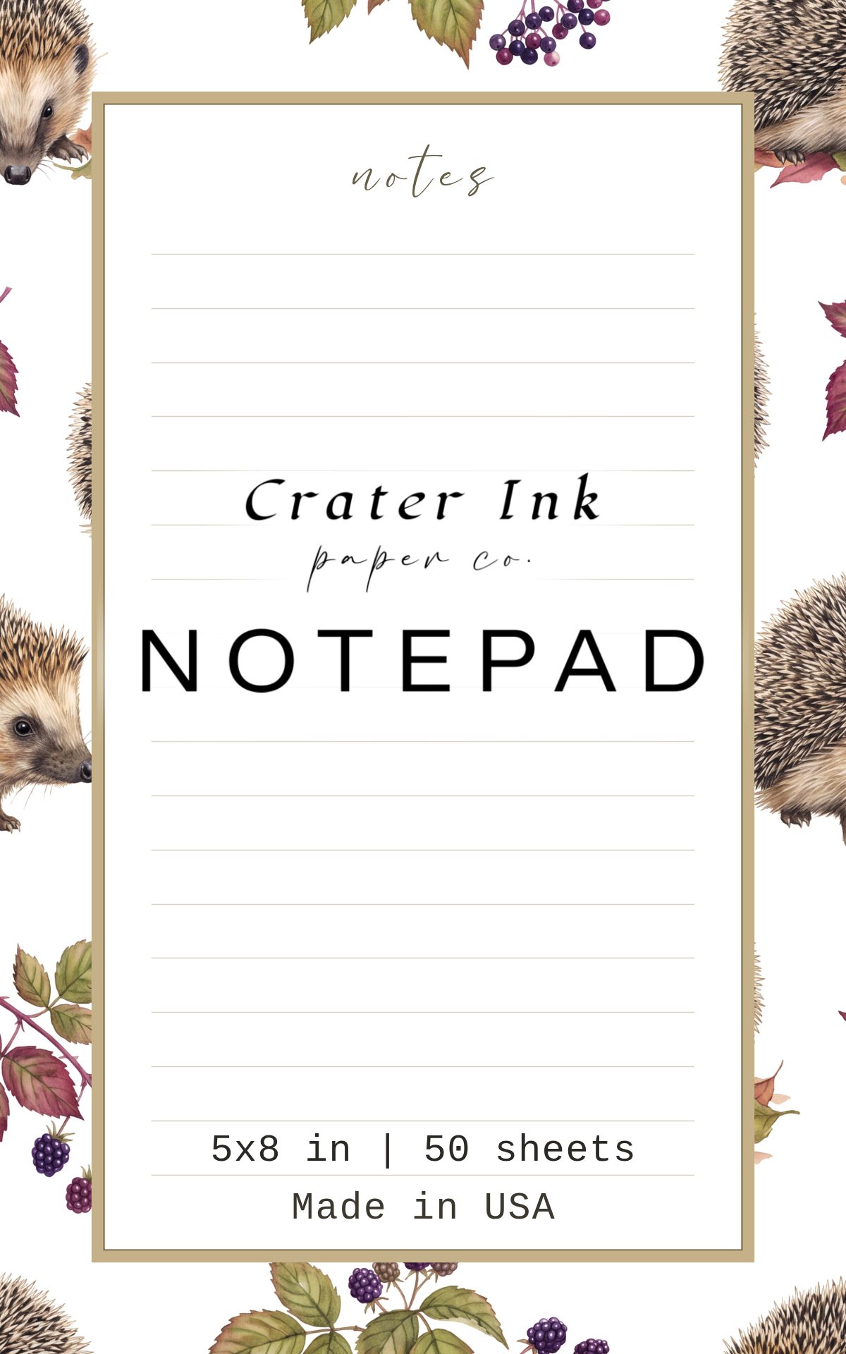 Hedgehog Notepad — Watercolor Autumn Hedgerow Scatter