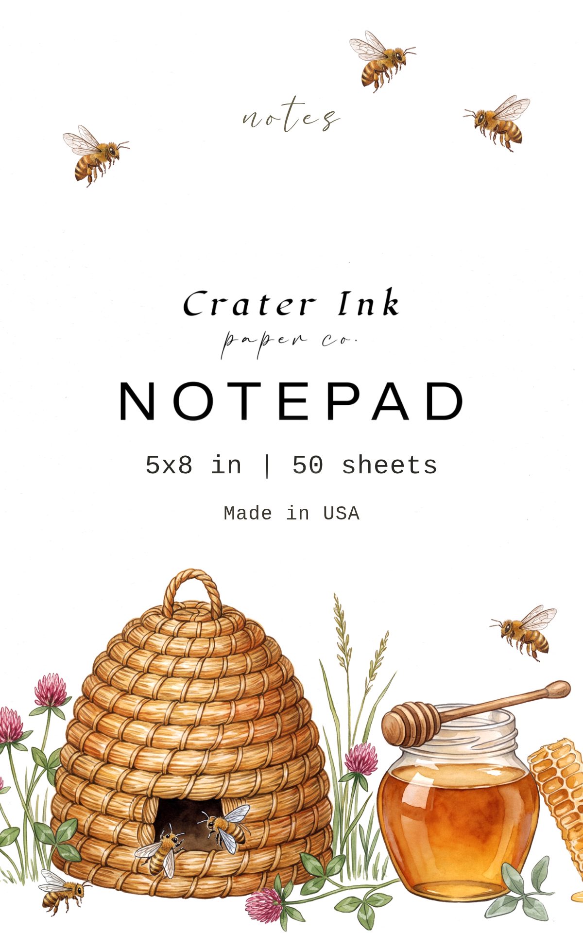 Honey Bee Notepad — Watercolor Skep and Honey Jar Still Life