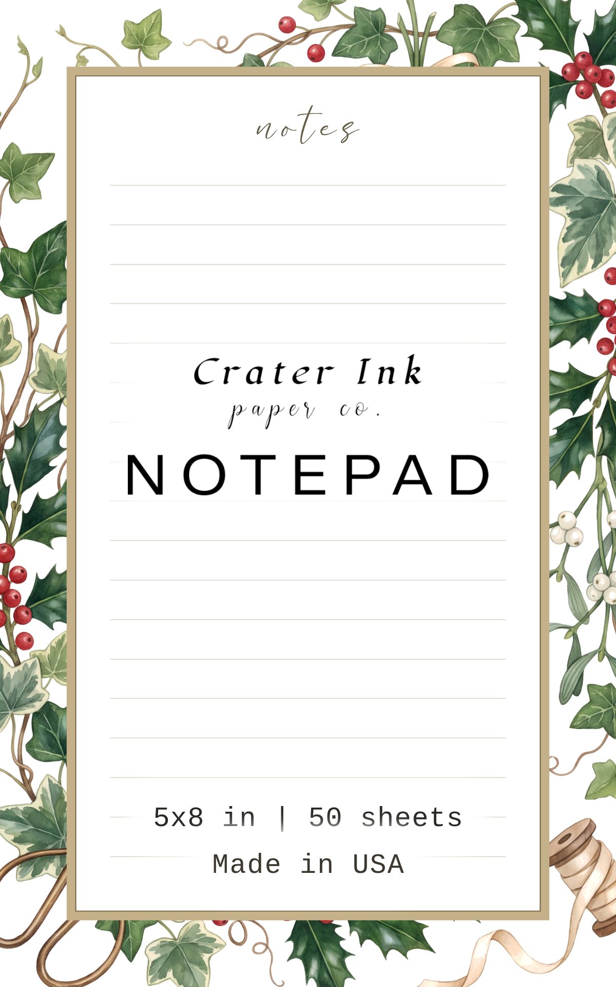 Mistletoe Notepad — Watercolor Holly and Ivy Border